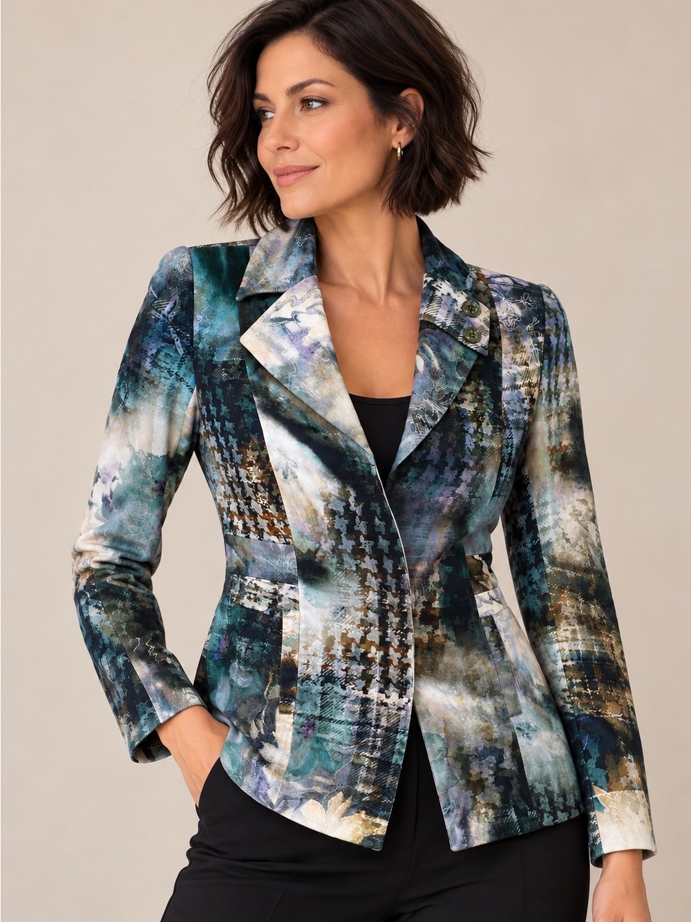 Simon Chang Abstract Patchwork Print Tailored Blazer Jacket Size 6